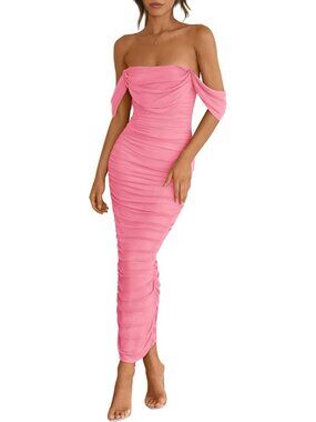 Women's Summer Pink Off The Shoulder Dress Bodycon Cocktail Party Maxi Dress